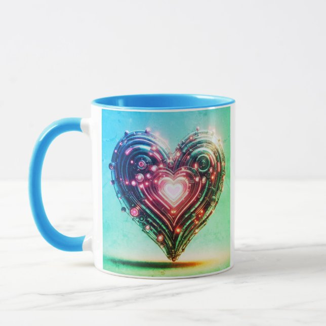 Modern Futuristic Glowing Green and Pink Heart  Mug (Left)