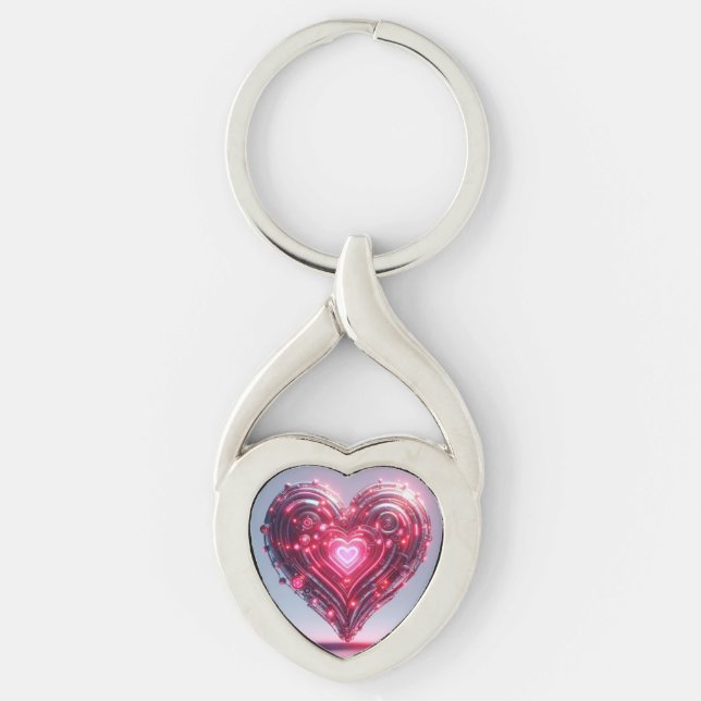 Modern Futuristic Glowing Pink Heart  Keychain (Front)
