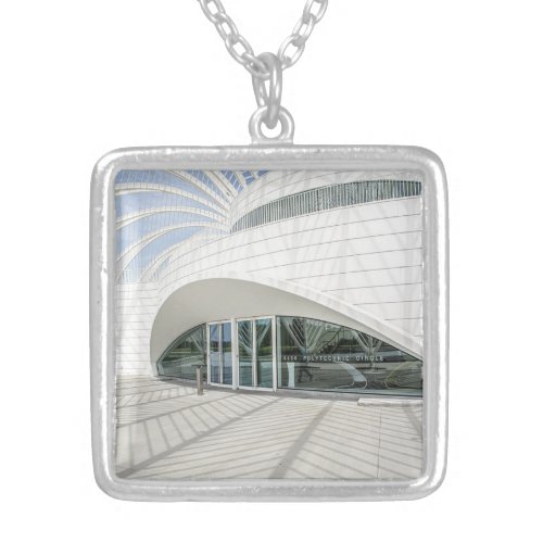 Modern futuristic white building silver plated necklace