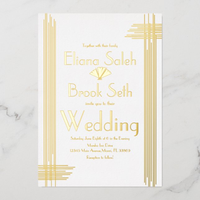 Modern Gabsty Art Deco Gold Wedding Pressed   Foil Foil Invitation (Front)