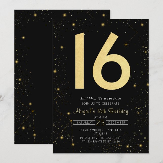 Modern Galaxy Black Gold Sweet 16th Birthday Party Invitation (Front/Back)