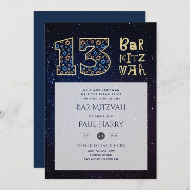 Modern Galaxy Blue BAR MITZVAH Invitations (Front/Back)