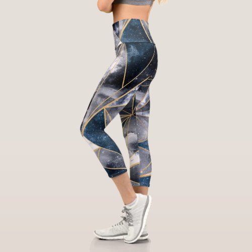 Modern Galaxy Nebula Geometric Gold Triangles Capri Leggings