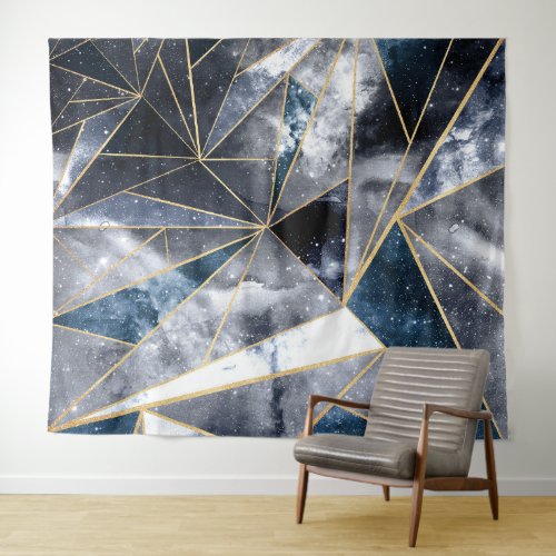 Modern Galaxy Nebula Geometric Gold Triangles Tapestry