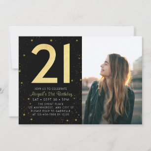 Modern Galaxy Photo Black Gold 21st Birthday Party Invitation