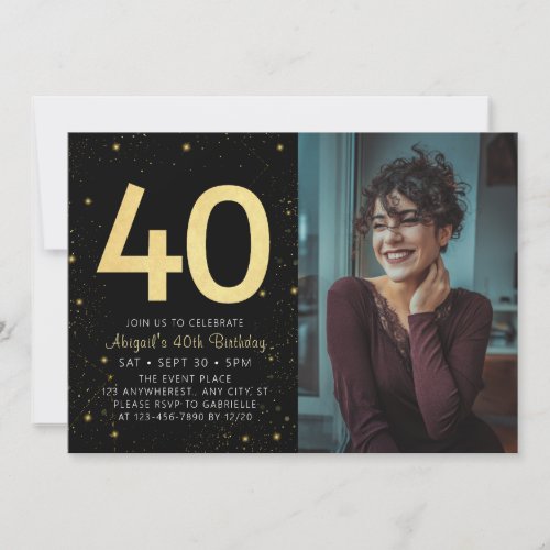 Modern Galaxy Photo Black Gold 40th Birthday Party Invitation