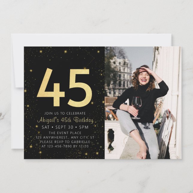 Modern Galaxy Photo Black Gold 45th Birthday Party Invitation (Front)