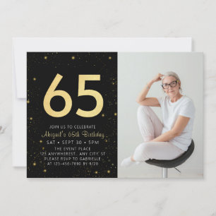 Modern Galaxy Photo Black Gold 65th Birthday Party Invitation