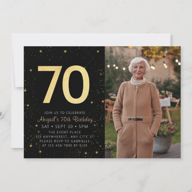 Modern Galaxy Photo Black Gold 70th Birthday Party Invitation (Front)