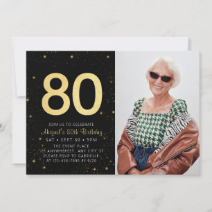 Modern Galaxy Photo Black Gold 80th Birthday Party Invitation