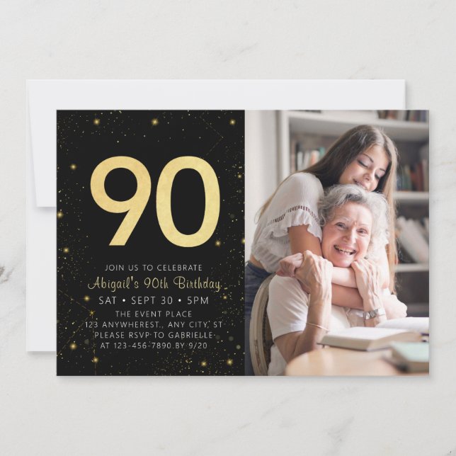 Modern Galaxy Photo Black Gold 90th Birthday Party Invitation (Front)