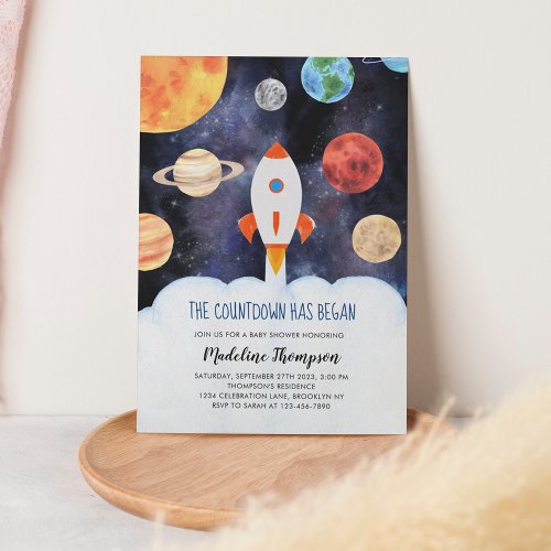 Modern Galaxy Planets Space Rocket Baby Shower Invitation