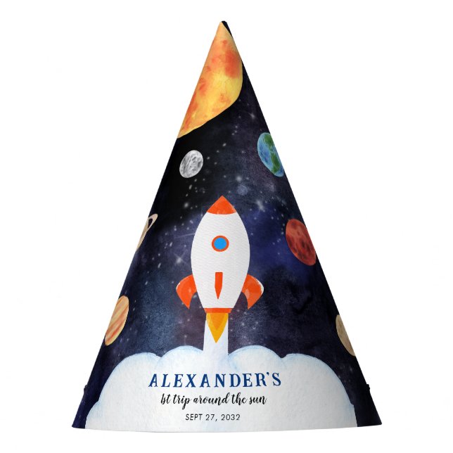 Modern Galaxy Planets Space Rocket Kids Birthday Party Hat (Front)