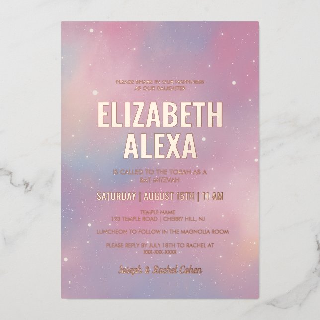 Modern Galaxy Rose Gold Bat Mitzvah Foil Invitatio Invitation (Front)