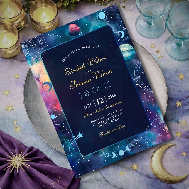 Modern galaxy space moon phases celestial wedding invitation (Creator Uploaded)