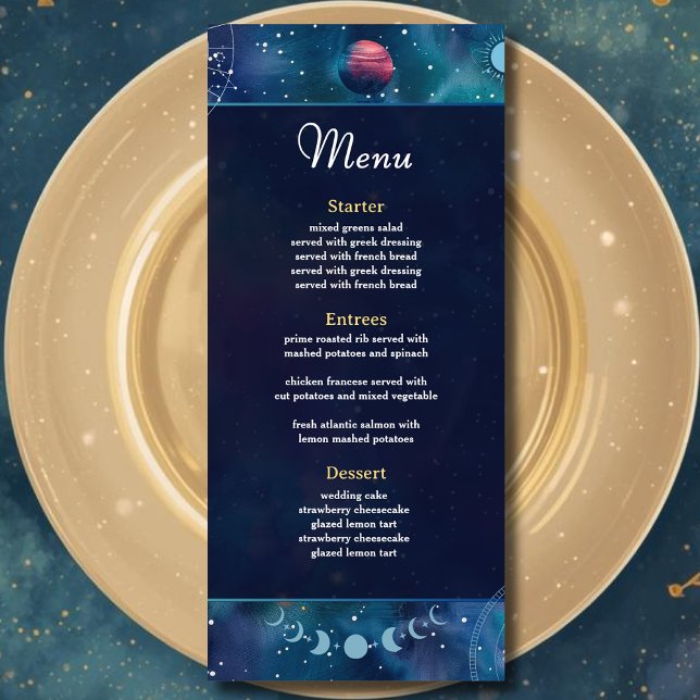 Modern galaxy space moon phases celestial wedding menu (Creator Uploaded)