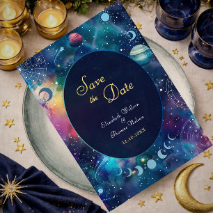 Modern galaxy space moon phases celestial wedding save the date