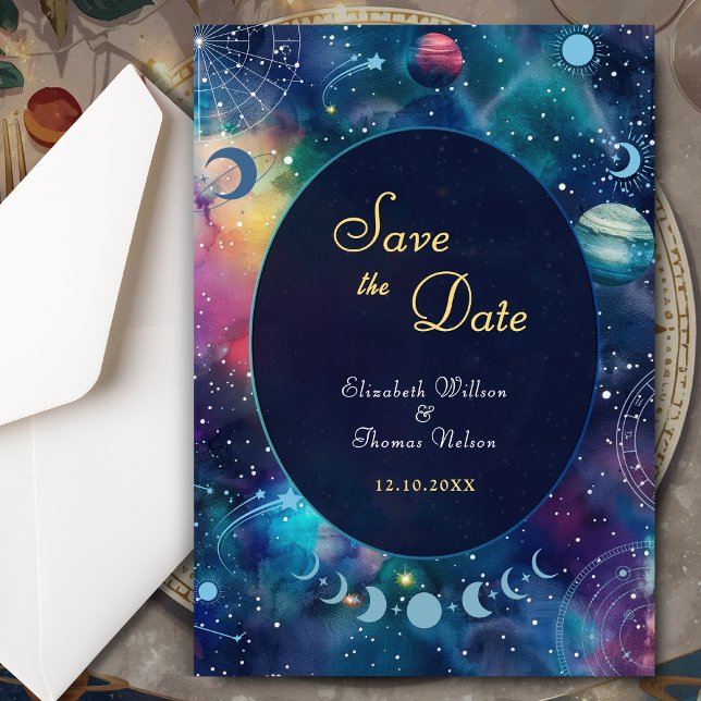 Modern galaxy space moon phases celestial wedding save the date (Creator Uploaded)