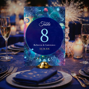 Modern galaxy space moon phases celestial wedding table number