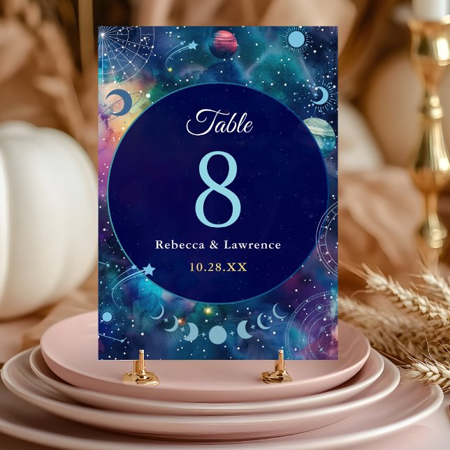 Modern galaxy space moon phases celestial wedding table number (Creator Uploaded)