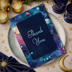 Modern galaxy space moon phases celestial wedding thank you card