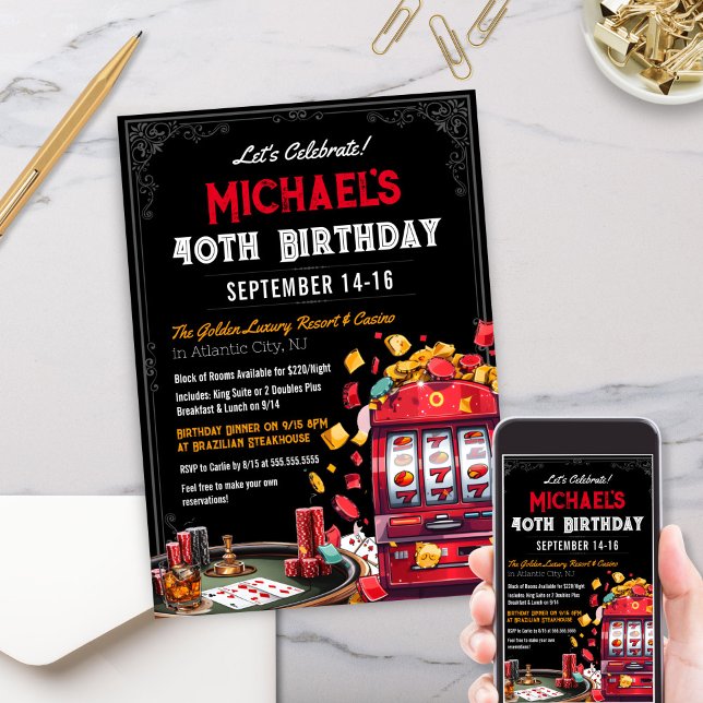 Modern Gambling Casino Theme Birthday Invitation (Elegant Modern Casino Theme Destination Birthday Invitation with Slot Machines, Cards and Poker)