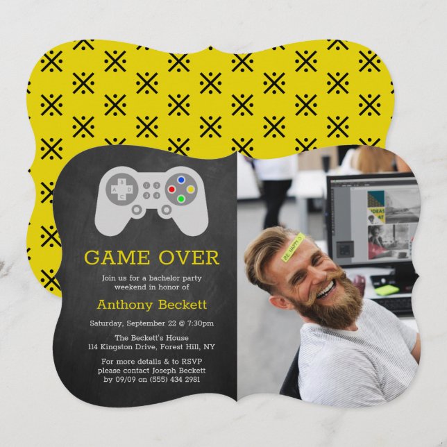 Modern Game Over Photo Bachelor Party Invitations (Front/Back)
