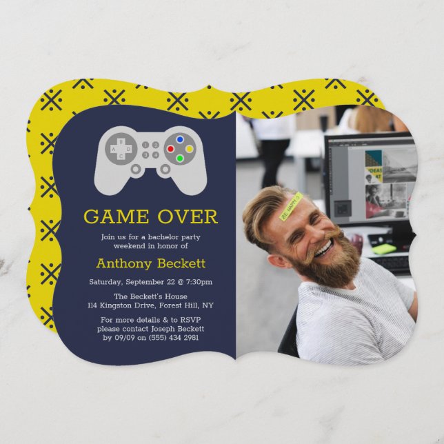 Modern Game Over Photo Bachelor Party Invitations (Front/Back)