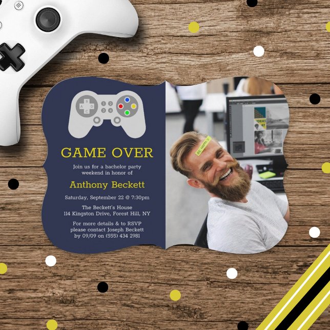 Modern Game Over Photo Bachelor Party Invitations (Creator Uploaded)