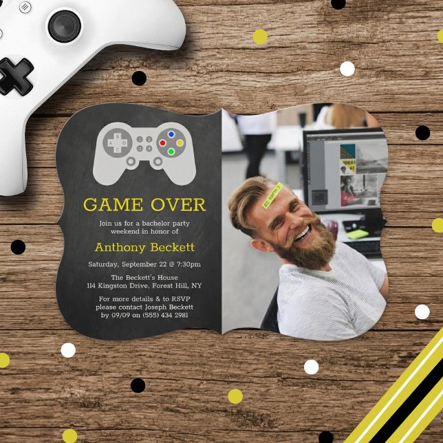 Modern Game Over Photo Bachelor Party Invitations (Creator Uploaded)