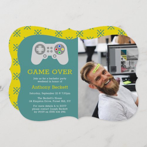 Modern Game Over Photo Bachelor Party Invitations