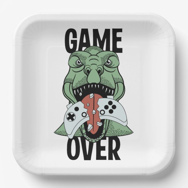 Modern Game Over T-Rex Dinosaur Video Gamers'  Paper Plates (Front)