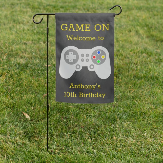 Modern Gamer Any Age Birthday Party Welcome Garden Flag (In SItu)