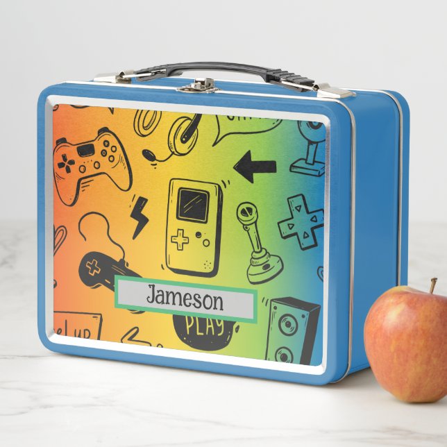 Modern Gamer Pattern Personalized Name Metal Lunch Box (In Situ)