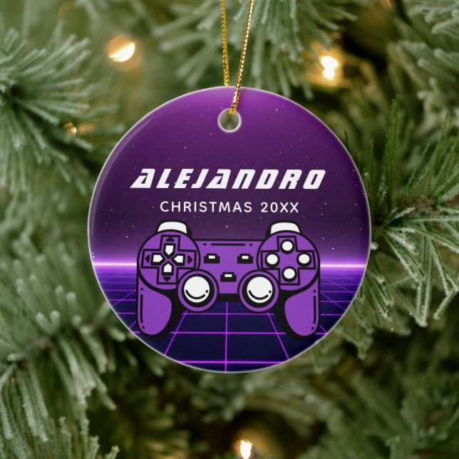 Modern Gamer Purple Futuristic Gaming Console Name Ceramic Ornament (Tree)