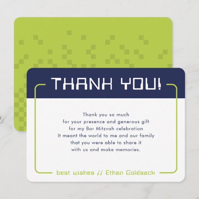 MODERN GAMING THANKS Bar Mitzvah navy blue Lime Thank You Card (Front/Back)