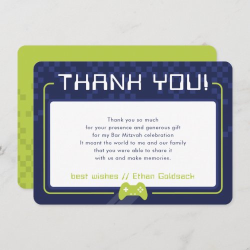 MODERN GAMING THANKS Bar Mitzvah navy blue lime Thank You Card