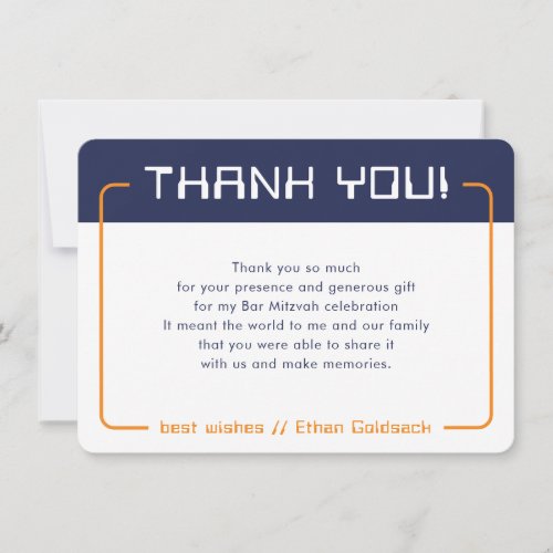 MODERN GAMING THANKS Bar Mitzvah navy blue orange Thank You Card