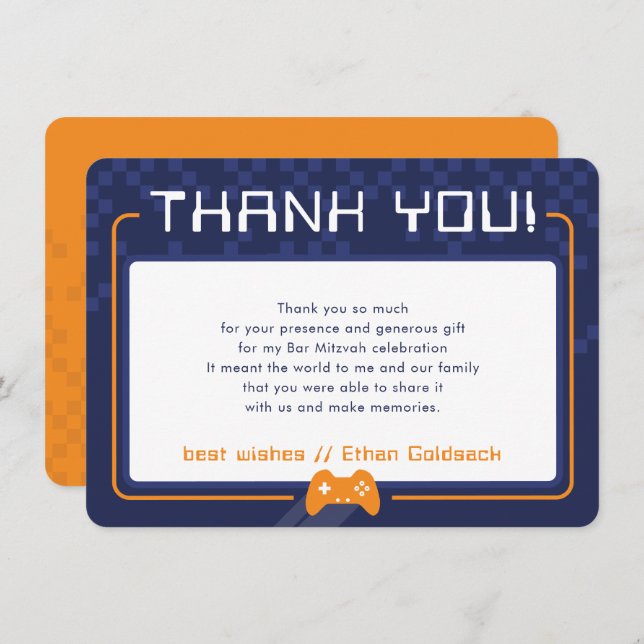 MODERN GAMING THANKS Bar Mitzvah navy blue orange Thank You Card (Front/Back)