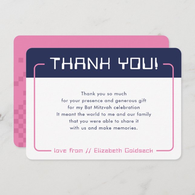 MODERN GAMING THANKS Bat Mitzvah navy blue pink Thank You Card (Front/Back)