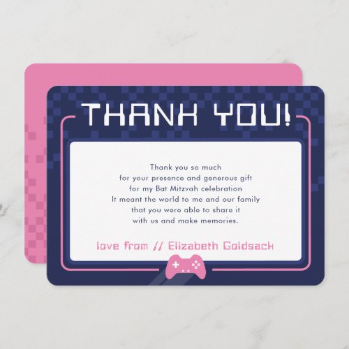 MODERN GAMING THANKS Bat Mitzvah navy blue pink Thank You Card