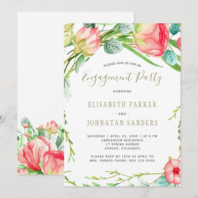 Modern garden elegant roses engagement party invitation (Front/Back)