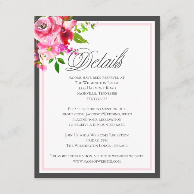 Modern Garden Flower Wedding Details Gray Enclosure Card (Front)