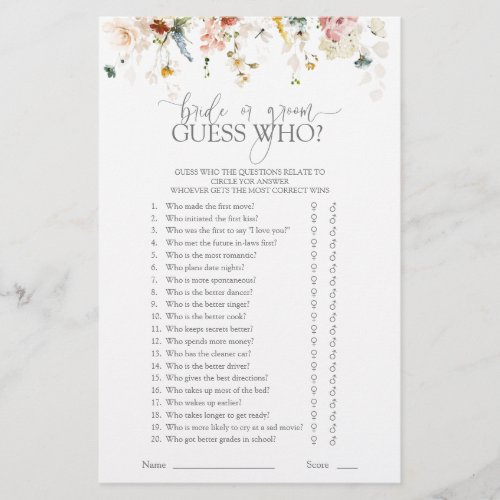 Modern Garden Flowers Script Bride Or Groom Game