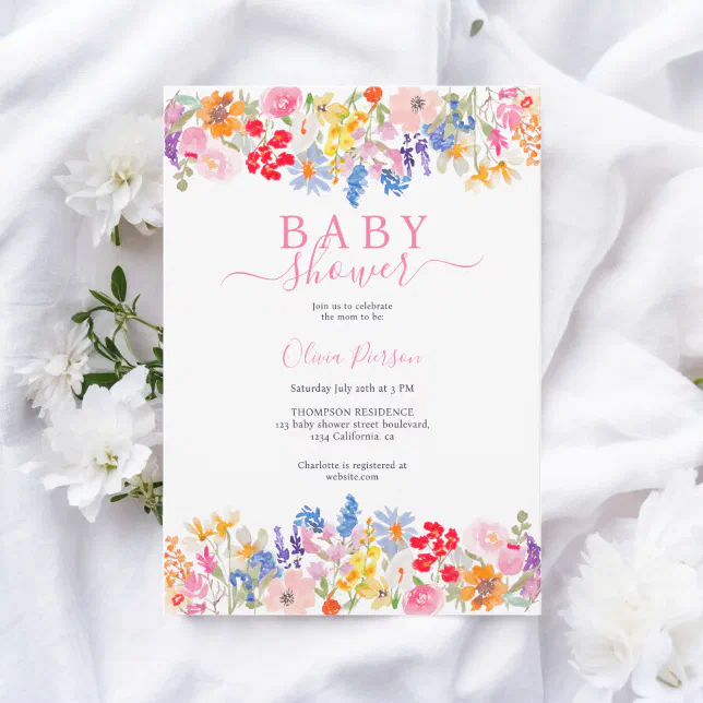 Modern garden wildflowers script baby shower invitation | Zazzle