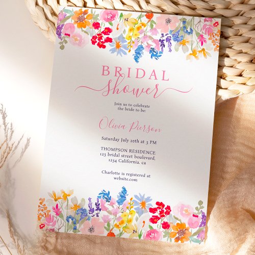 Modern garden wildflowers script bridal shower invitation