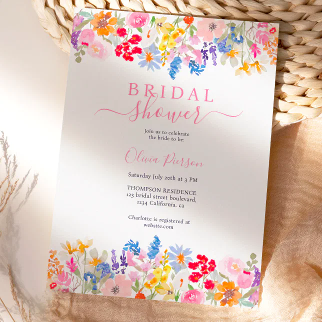 Modern garden wildflowers script bridal shower invitation | Zazzle