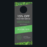 Modern Gardener Landscaping Shrub Logo Dark Gray Door Hanger<br><div class="desc">An abstract green shrub motif anchors your name or business name to it for a unique logo on this customizable promotional door hanger for landscapers or gardeners. Update the text fields with your own unique discount or offering. This double-sided door hanger provides plenty of space to list your services, contact...</div>