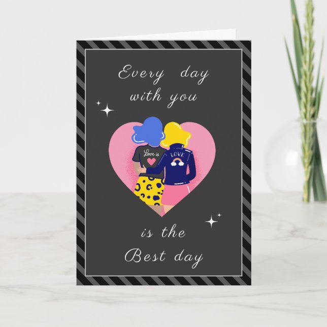 Modern Gay Couple LGBTQ Valentines Day Cute Gray Holiday Card (Front)