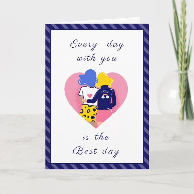 Modern Gay Couple LGBTQ Valentines Day Cute Purple Holiday Card (Front)
